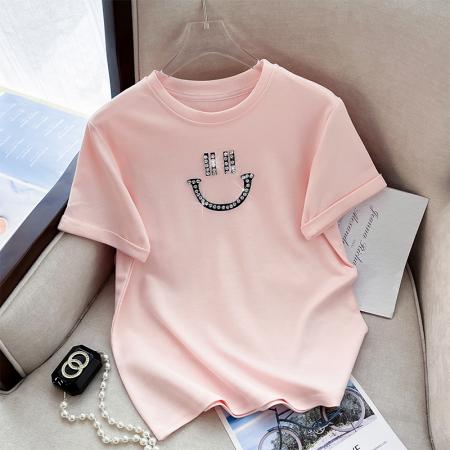 RM32707#新款韩版修身短款爆款钉珠笑脸纯棉T恤女简单