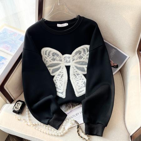RM32710#新款超美蕾丝蝴蝶结卫衣女长袖宽松百搭套头上衣潮
