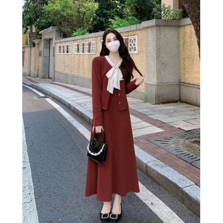 RM32713#大码女装秋冬法式优雅气质撞色蝴蝶结系带外套+吊带裙两件套