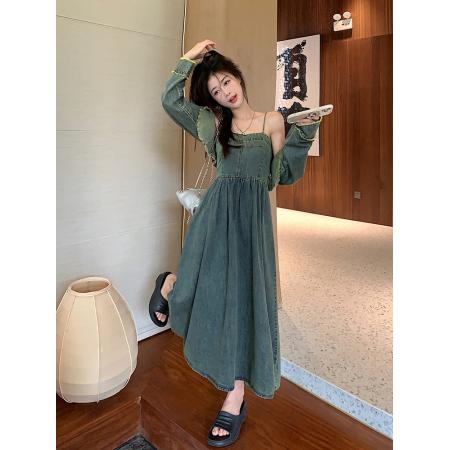 RM32714#大码女装早秋新款复古牛仔吊带裙+流苏毛边外套洋气两件套
