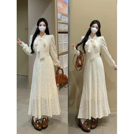 RM32717#大码女装法式温柔风蕾丝系带蝴蝶结加绒加厚连衣裙打底裙