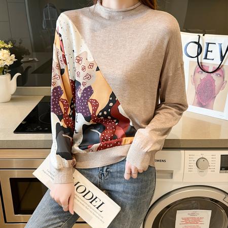 RM32720#新款半高领复古女式上衣宽松印花薄款内搭针织毛衣