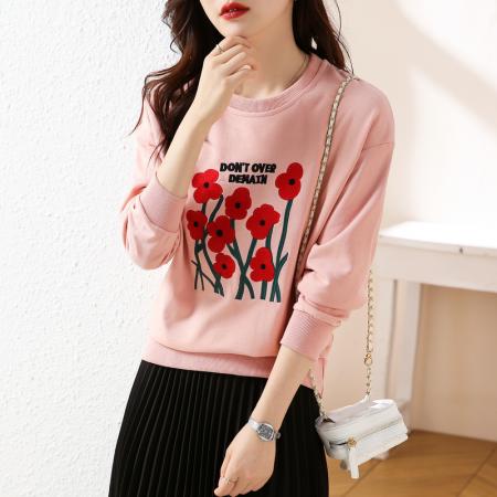 RM32729#绣花白色卫衣女春季新款2024年圆领无帽套头短款显瘦长袖上衣