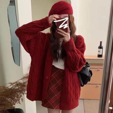 RM32744#慵懒风过新年红色针织开衫毛衣外套女秋冬季2024新款宽松外穿上衣