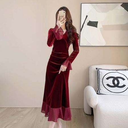 RM32745#新款时尚丝绒连衣裙女赫本风收腰显瘦包臀裙