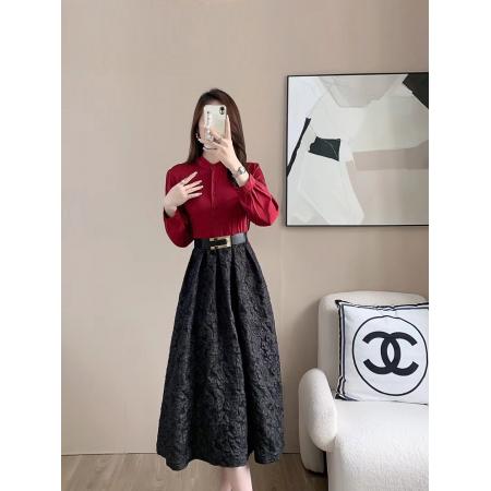 RM32747#连衣裙女神范裙子秋冬长袖法式显瘦高级感假两件套礼服蓬蓬裙