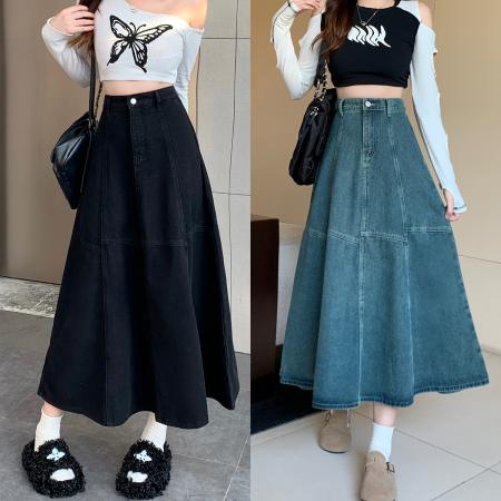 RM32765#新款胖mm大码女装高腰宽松复古中长款a字牛仔半身裙
