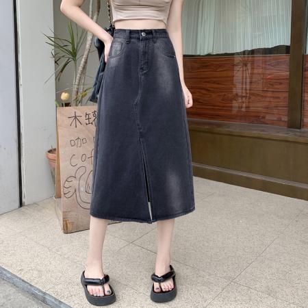 RM32766#新款胖mm大码女装高腰中长款开叉a字牛仔半身裙女