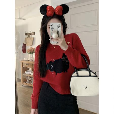 RM32776#甜美圣诞风减龄卡通小猫刺绣圆领套头针织毛衣