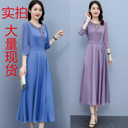 RM32781#重工刺绣醋酸缎面短袖连衣裙显瘦2024夏季洋气遮肚女装