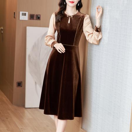 RM32792#高端品牌女装长袖拼接丝绒连衣裙秋季女装新款时尚OL加绒气质裙子