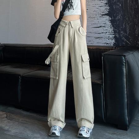 RM32797#米白欧货炸街工装裤女美式酷飒风爵士舞hiphop休闲直筒阔腿裤