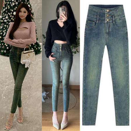 RM32798#韩版高腰牛仔裤女三排扣复古蓝显高显瘦修身小脚铅笔裤