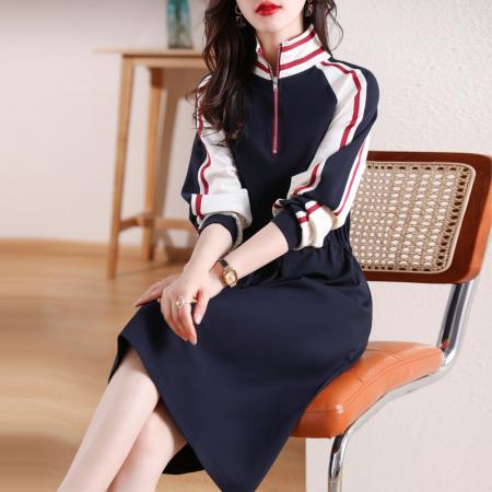 RM32800#韩版简约撞色立领连衣裙女春秋新款百搭系带收腰中长款卫衣裙