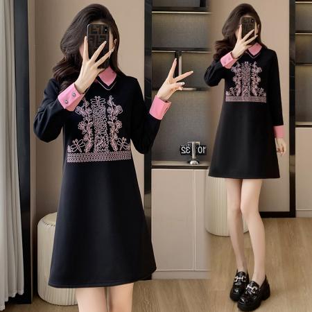 RM32801#新中式国风连衣裙 新款宽松型气质显瘦减龄休闲黑色裙子
