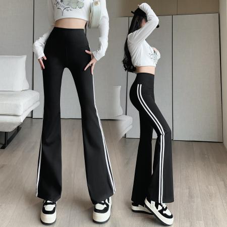 RM32805#两条杠条纹微喇叭裤女 新款修身弹力高腰休闲百搭小黑裤