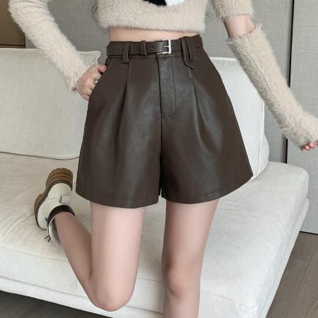 RM32806#高腰PU皮短裤女 新款休闲短款设计感高腰显瘦阔腿打底靴裤