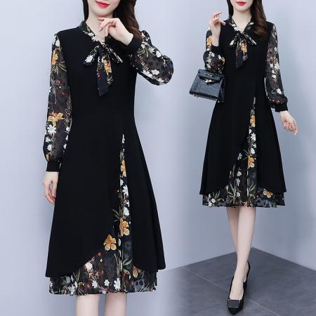 RM32821#大码女装 新款不规则时尚显瘦碎花长袖拼接连衣裙