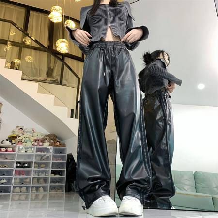 RM32825#直筒裤子女 新款显瘦束脚休闲设计感阔腿pu皮长裤潮