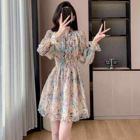 RM32846#新法式小个子木耳边收腰连衣裙显瘦复古碎花雪纺裙子