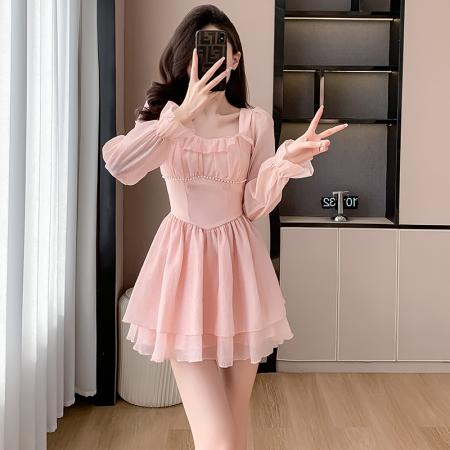 RM32852#小个子法式拼接钉珠方领收腰显瘦中长款雪纺连衣裙女
