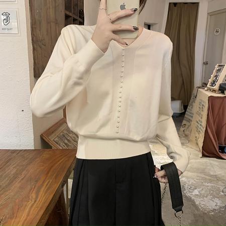 RM32866#新款韩版简约温柔V领套头减龄钉珠设计毛衣针织衫女