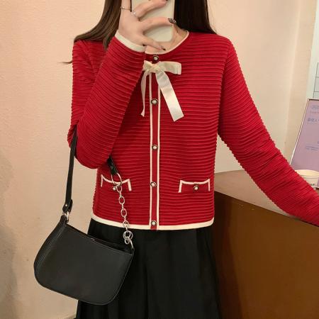 RM32869#新款韩版减龄甜美圆领套头设计感蝴蝶结针织毛衣女