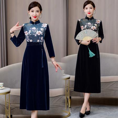 RM32892#新款中国风气质连衣裙妈妈装高贵显瘦丝绒淑女长袖中长裙