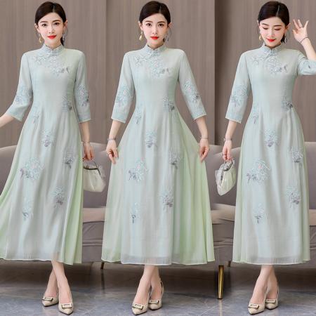 RM32896#新款夏季改良旗袍茶服修身气质中国风日常复古连衣裙中长款