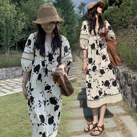 RM32904#春夏装大码胖MM时尚宽松印花蕾丝拼接中长款连衣裙M-4XL200斤