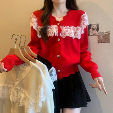 RM32913#蕾丝拼接娃娃领甜美套头毛衣女宽松外穿2023新款秋冬红色圣诞女装