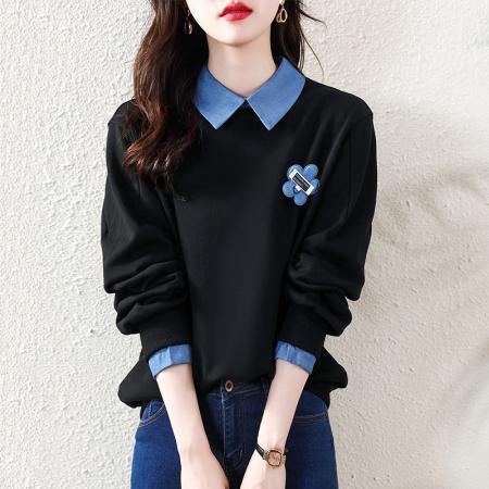 RM32917#新款时尚撞料翻领卫衣女落肩长袖通勤直筒休闲上衣