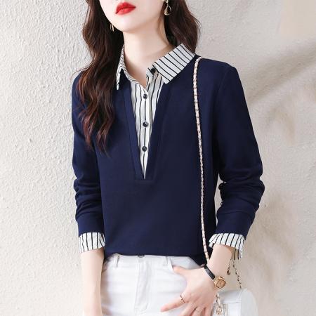 RM32918#假两件打底衫女装 新款T恤洋气女式衬衫翻领长袖上衣卫衣