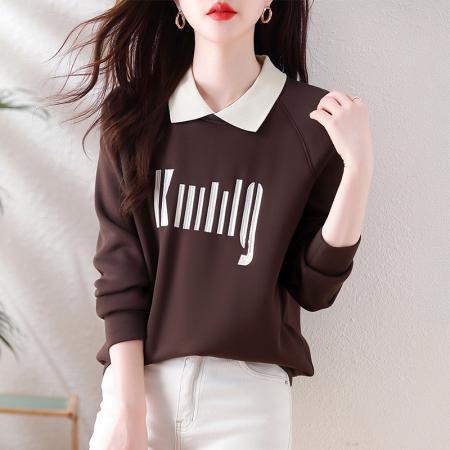 RM32919#通勤长袖套头咖啡色卫衣女假两件宽松百搭显瘦太空棉上衣