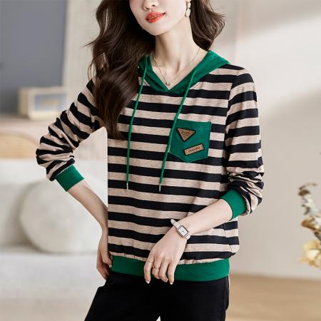 RM32921#连帽条纹卫衣女2024春季新款时尚拼接撞色长袖大码宽松休闲打底衫