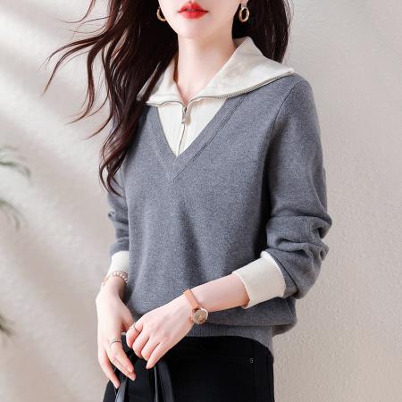 RM32922#时尚假两件针织衫女2024年春季新款拼色慵懒风Polo领毛衣