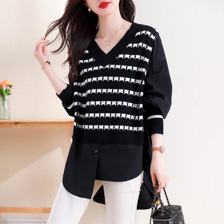 RM32923#宽松大码新款V领假两件条纹提花衬衫微胖妹妹女装2024春季上衣女