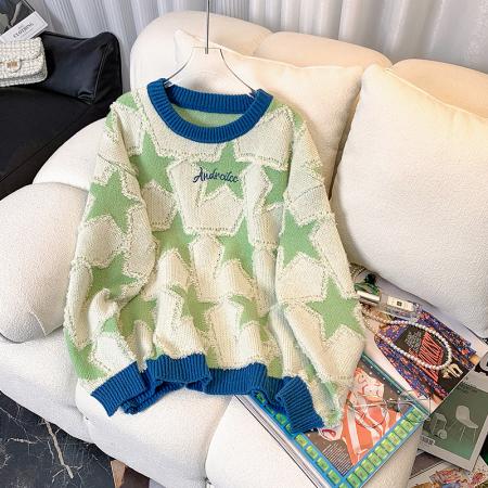 RM32947#五角星圆领毛衣女宽松bf美式复古百搭针织衫潮