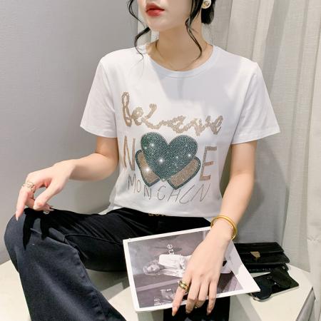 RM32953#镶钻 夏季时尚显瘦圆领高级重工烫钻百搭短袖女t恤