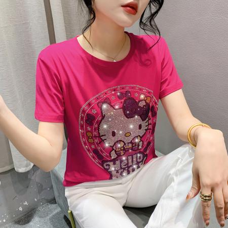 RM32954#重工烫钻猫咪短袖t恤女2024年夏新款欧货洋气修身百搭上衣