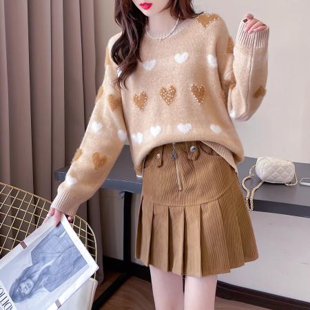 RM32962#新软糯慵懒风毛衫小众重工植绒爱心钉珠宽松毛衣