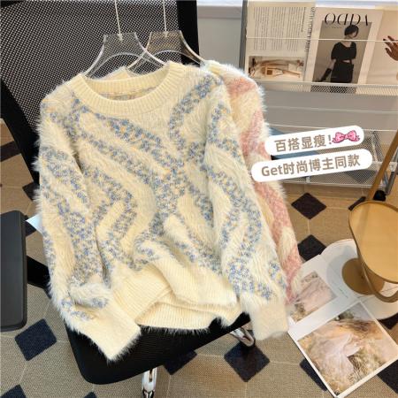 RM32968#不规则条纹设计感炸街毛衣女 马海毛打底针织衫慵懒风上衣加厚