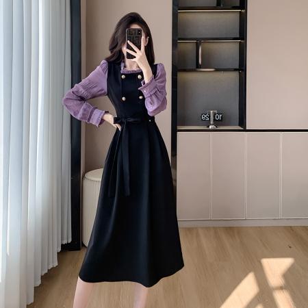 RM32973#法式设计感显瘦假两件连衣裙2024春季木耳边黑紫色长袖a字裙