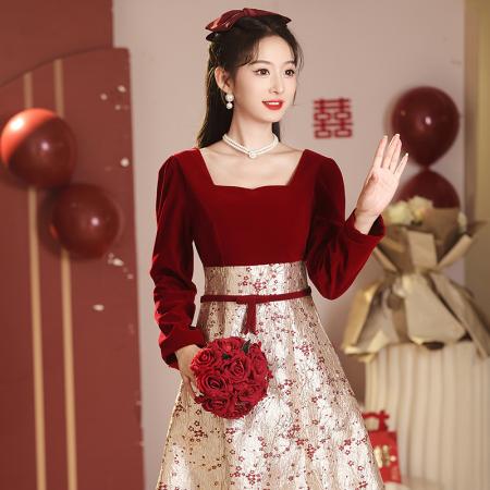 RM32979#敬酒服小个子新娘新款结婚订婚连衣裙红色礼服裙 