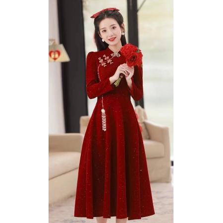 RM32980#旗袍敬酒服新款秋冬新娘小个子回门结婚便装酒红色订婚礼服女