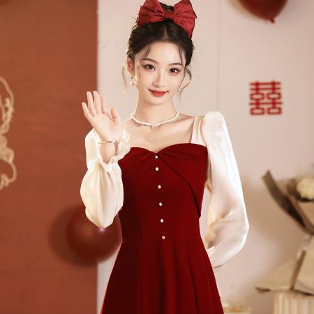 RM32981#敬酒服新娘酒红色小个子结婚礼服订婚连衣裙长袖平时可穿回门衣服