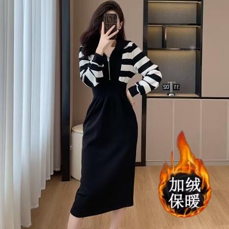 RM32984#海军领高腰显瘦长款连衣裙女秋季长袖条纹裙子2023新款欧洲站欧货
