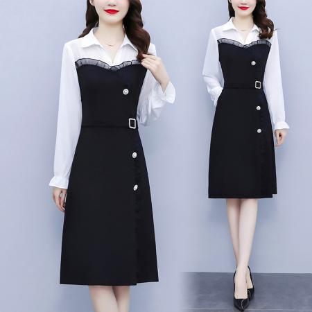 RM32989#大码女装2024春季新款御姐风长袖雪纺拼接显瘦大码连衣裙