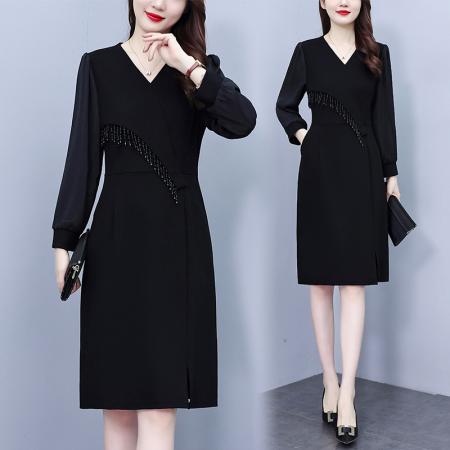 RM32993#大码女装连衣裙胖MM通勤淑女雪纺长袖显瘦小黑裙
