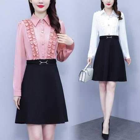 RM32996#新款大码女装长袖连衣裙时尚拼接显瘦气质职业装